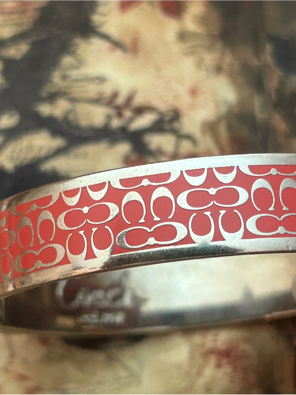 Coach Signed Coral Red Signature C Monogram Enamel Hinge Bangle Bracelet